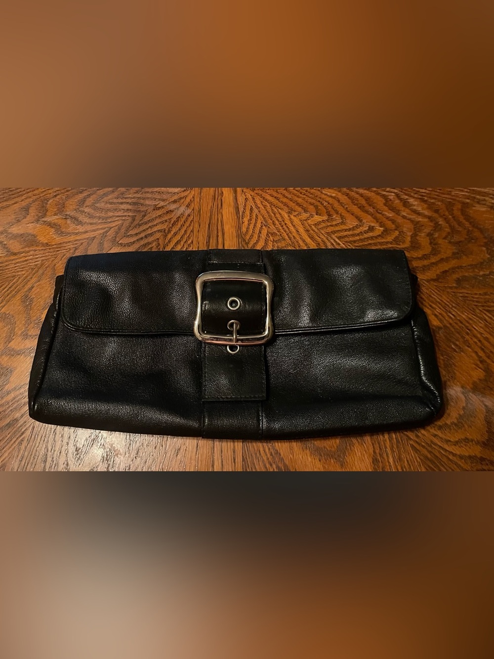 Mark. Black Leather Clutch With Silver Buckle & Pink Lining